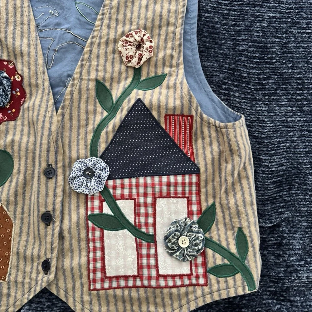 Vintage Birdhouse/Flowers Patchwork Button‎ Front Vest Country Cottagecore M/L - Picture 2 of 5